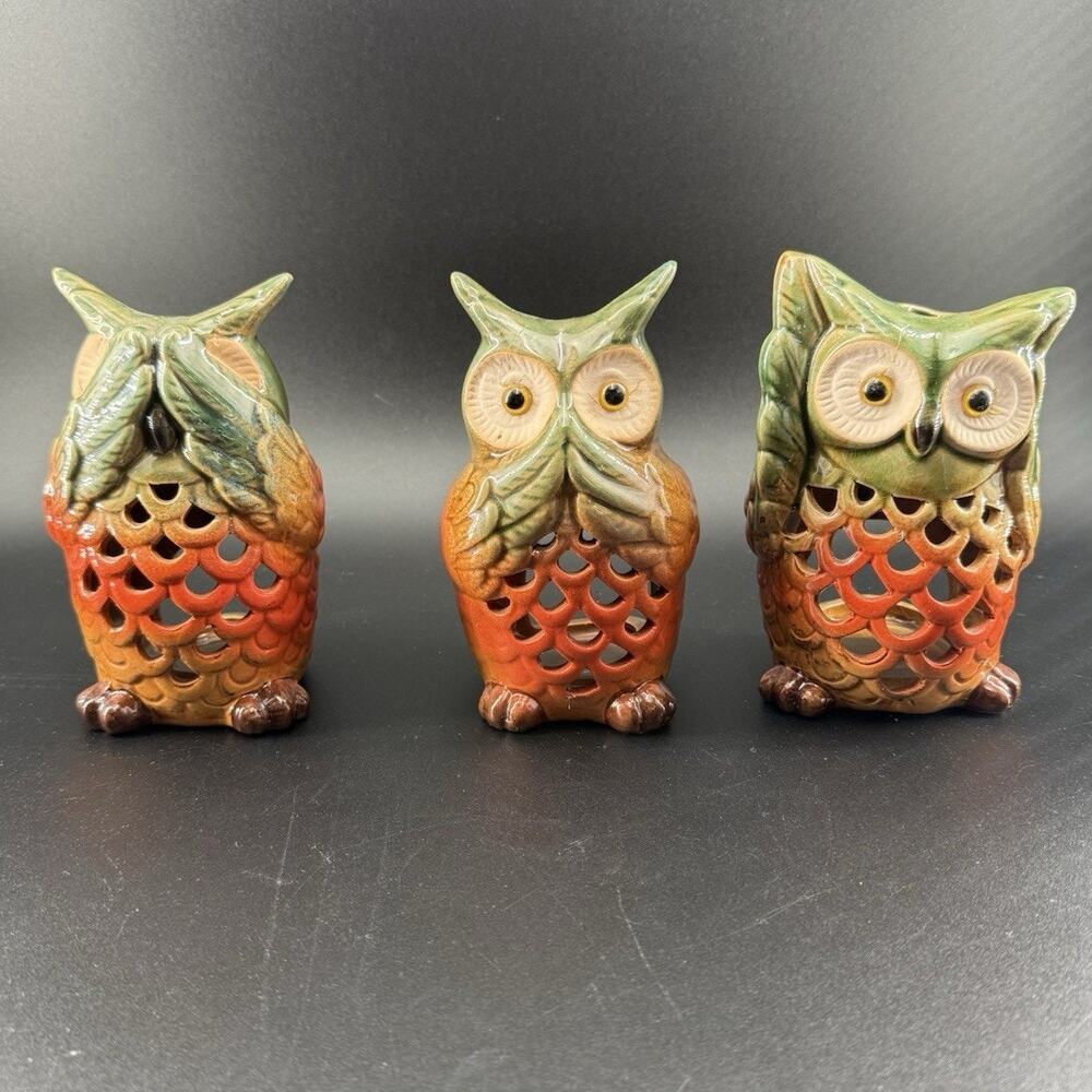 Ceramic Owl Set Of 3 Tea Light Candle Speak No Evil Owl Figurines Home Decor